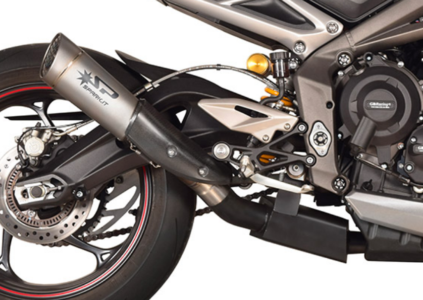 Triumph Street Triple 765R / RS / S 2021> Spark High Level Stainless Steel Box & Grid-O Slip On (Homologated)