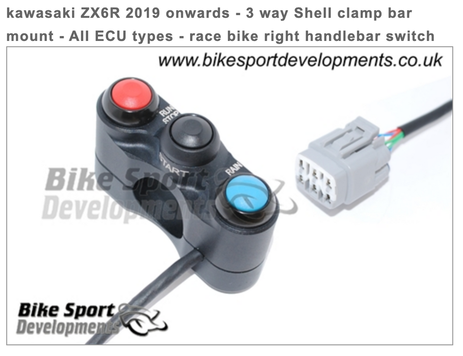 Kawasaki ZX6R 2019 onwards - 3 way Shell clamp bar mount - All ECU types - race bike right handlebar switch assembly - Stop/Run Start Rain